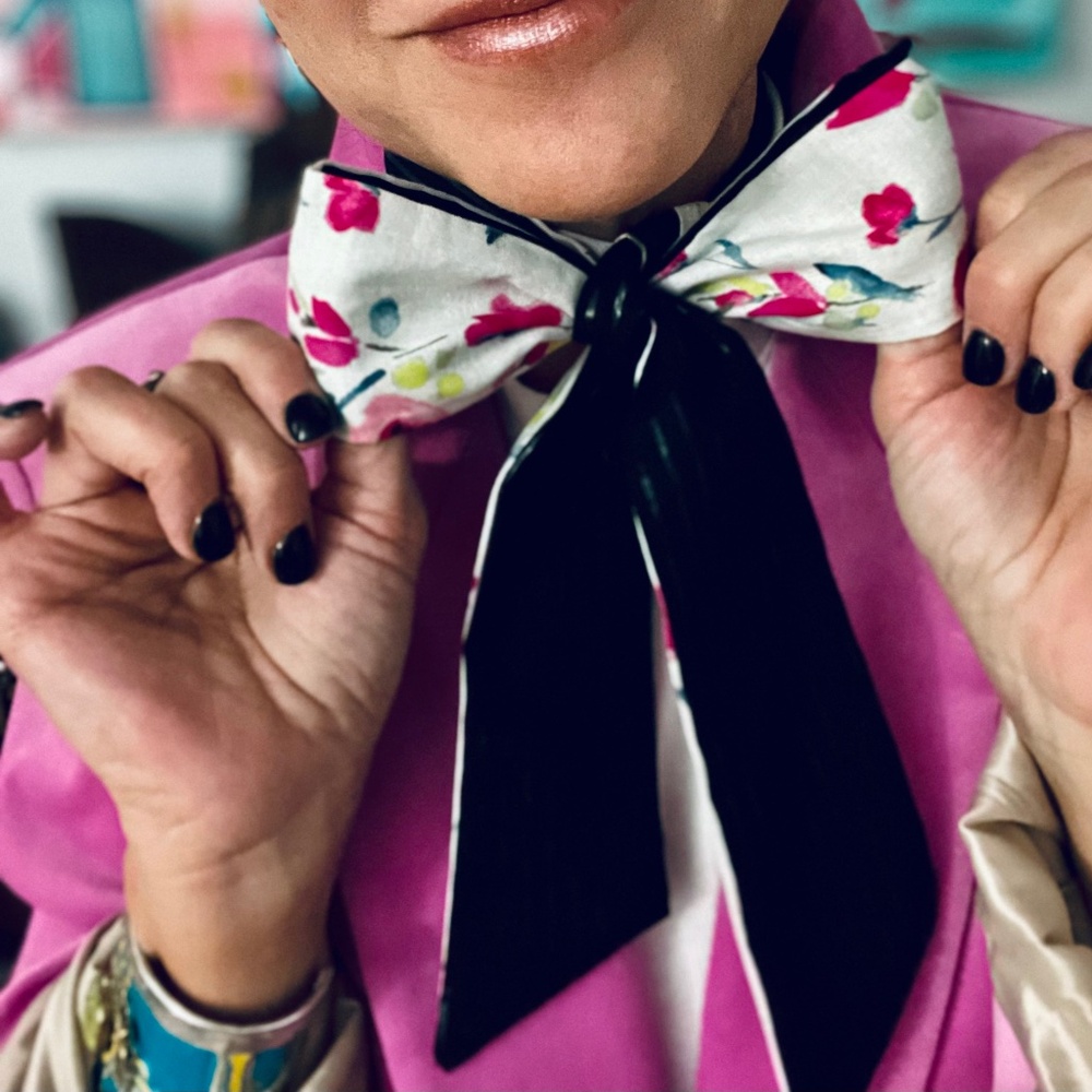 Elegant White w/Pink Floral w/ Black on Black Iridescent Pinstripes Skinny Scarf